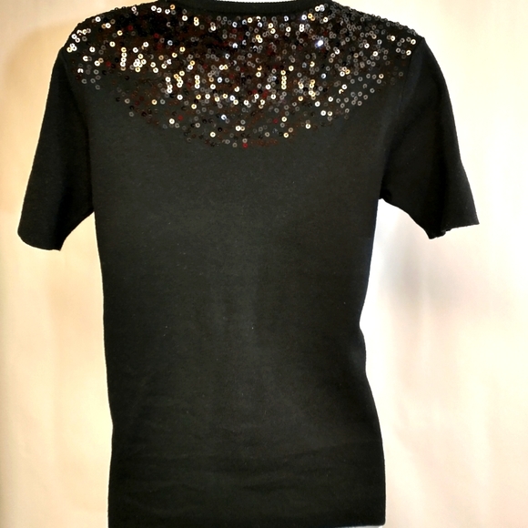 Tahari Sequin Pullover Short Sleeve Knit Sweater Black Size 8 - Picture 2 of 9
